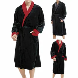 Männer Winter Nachthemd Dicke Plüsch Druck Korallen Fleece LG Hülse Krawatte Taille Taschen Homewear Nachtwäsche Robe Bademantel X8FF #