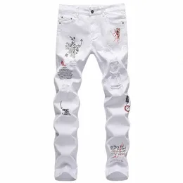 Fi Nakış Harfleri Beyaz Skinny Jeans Pantolonlar Erkekler Hip Hop Punk Günlük Motosiklet Streç Yırtılmış Denim Pantolon Sokak Giyim 01UL#