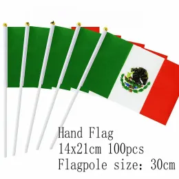 Tillbehör Zwjflagshow Mexico Handflagga 14*21cm 100st polyester mexico liten hand vinkar flagga med plastflaggstång för dekoration