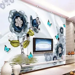 Wallpapers Wellyu personalizado grande fresco fino 3d flor borboleta seda onda de água reflexão televisão fundo parede não tecido papel de parede