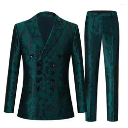 Men's Suits Dark Green Jacquard For Men Blazers&Trousers Costume Homme Slim Fit Casual Quality Host Stage Trajes Elegante Para Hombres