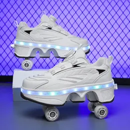 Sapatos de deformação de mobilidade de quatro rodas patins retráteis automáticos led carregamento conveniente fivela rotativa 240320