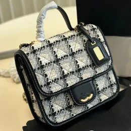 Vintage 24K Designer Unisex Tow Styles of Black and White Caviar Leather and Multi Color Tweed Messenger Bag Golden Hardware Tag Portable Handbag Cross Body Bag 20cm