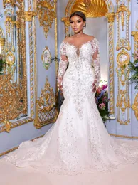 2024 Sexy Luxo Árabe Sereia Vestidos de Noiva Ilusão Jewel Neck Lace Apliques Prata Cristal Beads Mangas Compridas Vestidos de Noiva Plus Size Catedral Train