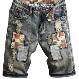 FI Männer Denim Shorts Jeans Sommer Lose Gerade Löcher Hosen Für Mann Bettler Muster Ruiniert Patch Hip Hop Hosen Teenager l6uy #