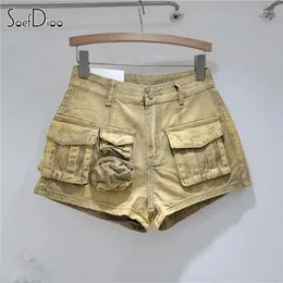 Women's Shorts Soefdioo Khaki Multi Pockets Cargo Jean Women Hipster Low Waist A-Line Pants 2024 Summer Female Bottoms Streetwear