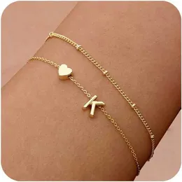 Dearmay Dainty Initial Heart Gold Armband för kvinnor Trendiga 14K Real Gold Letter Charm Armband Smycken Söt enkla modekedjor för kvinnor Girls Gift