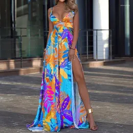 Vestidos casuais folhas impressas vestido boêmio 2024 verão mulheres espaguete cinta v pescoço alto split boho praia longo maxi