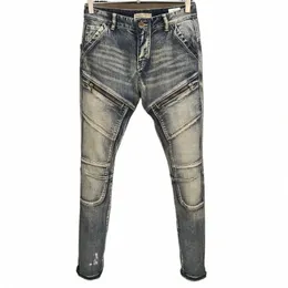 european and American Fi Vintage W Persality Splice Zipper Decorati Multi bag Elastic Motorcycle Jeans Men's Pants Q5wy#