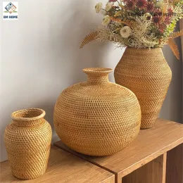 Vasi Grande vaso di fiori in rattan Soggiorno Decorazione della tavola Vaso di fiori secchi Disposizione Vaso di decorazione domestica in stile fatto a mano artigianale