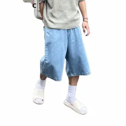 Reddachic Lacing Classic Men's Denim Shorts Cintura Elástica Bandagem Solta Fit Casual Perna Larga Baggy Jeans Calças Curtas One Size t9Lo #
