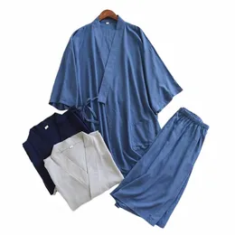 2022 Yeni Erkekler Traditial Japon Pijamalar Seti Viskoz Elyaf Çöp Şortları Pamuklu Kimo Nightgown Japonya Tarzı Yumuşak Elbise Uygun T16Q#