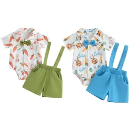 Kleidung Sets Tiaobug 2 stücke Baby Kleinkind Jungen Nette Ostern Outift Print Kurzarm Hemd Strampler Und Hosenträger Shorts Set