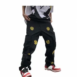 Mens High Street Smilely Loose Cargo Pants Casual Zipper Straight Jeans Hip Hop Bolsos Laterais Soltos Fit Streetwear Casual Corredores Z5D9 #