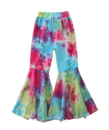 Outono inverno criança menina tie dye bellbottom calças natal crianças leopardo buraco plissado deim calça criança casual jean legging clot1344929