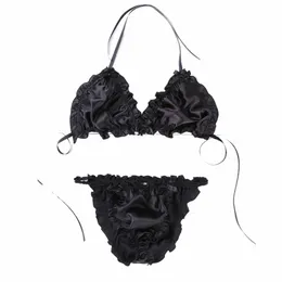 2pcs 남자 시시한 Silky Satin Honter Ruffled 잠옷 세트 Crossdr Lingerie Panties Set T9cn#