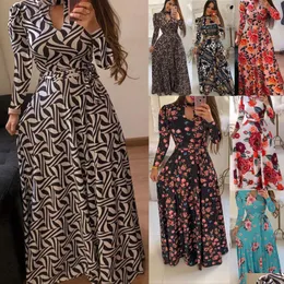 Basic & Casual Dresses Plus Size 5Xl Womens Designer Printing Longsleeve Dress Fashion Flower Pattern Ethnic Clothing New Girls V Nec Dhz0P