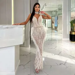 Feather Nude Said Mermaid White Sharon Evening Dress With Necklace Spaghetti Straps Women Wedding Party Prom Gowns Ss185