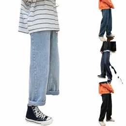 Manliga breda benbyxor Lossa Elastiska midja Jeans Casual Fi Plus Size Pants Street Style Male Denim Trousers 33p9#