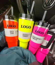 Ny kollektion Electric Pink 40oz Tumbler Yellow Orange Neon Green Quencher H2.0 Rostfritt stål Tumblers Cups med handtagslock och halmvinterrosa bilmuggar I0326