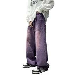Фиолетовые широкие джинсы для мужчин Ins Fi Hip Hop Джинсовые брюки Винтажные повседневные брюки Уличная одежда Негабаритные днища Мужская одежда Y2K w5HU #