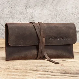 Handmade Cowhide Leather Pen Bag Retro Vintage Roll Pencil Case Pouch Stationery Drop 240311