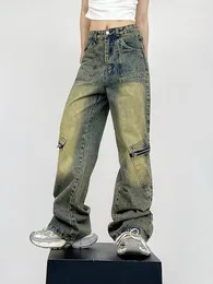 Herrenjeans American High Street Gelbe schlammgefärbte Denimhose Trend Retro Wasserwaschende gerade Hose Lose Männer und Frauen