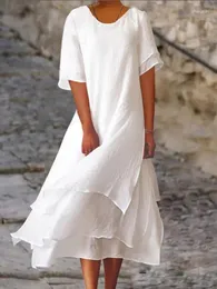 パーティードレス2024カジュアルマキシロングホワイトドレス女性ファッション2つのレイヤースリット半袖O首の夏のチュニカ