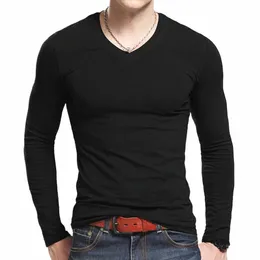 lycra cott men's lg sleeve v neck t shirt 2024 MRMT The autumn men T cott T-shirt slim solid tight t shirt M6rq#