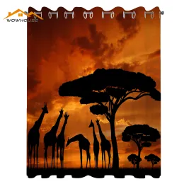 Cortinas África Cortinas de janela Safari Animal com tripulação de girafa com árvore majestosa ao nascer do sol no Quênia Decoração de sala de estar Quarto laranja