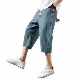 summer New Casual Short Pants Mens Cott and Linen Loose Pants Trend Nine-point Straight Trousers M-5XL C61M#
