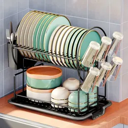 1 unidade de secagem de 2 camadas, placa de drenagem de rack preta para bancada, escorredor de pratos com suporte para utensílios e suporte para copos, rack para economia de espaço, acessórios de cozinha para casa (preto)
