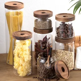 Gläser aus Glas, luftdichter Kanister, transparente Gläser, Müslibehälter, Vorratsflaschen für Lebensmittel, Kaffee- und Teedose, Dose mit Holzdeckel, Glas für Müsli in großen Mengen