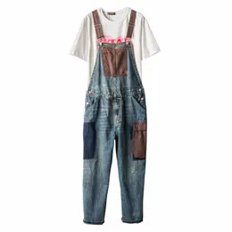Männer Vintage Ctrast Farbe Denim Latzhose Casual Patchwork Patch Design Jeans Große Tasche Overalls Hosen G1zu #