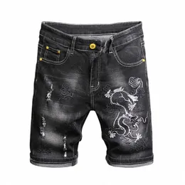 Jeans curtos de jeans curtos de verão de verão Padrão de bordado de bordado de jeans preto cinza rasgado shorts fi masculino T59c#