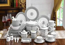 Conjuntos de louça de cerâmica tigela de porcelana prato tigela de sopa osso china conjuntos de talheres ocidentais linha preta conjuntos de café gift6669233