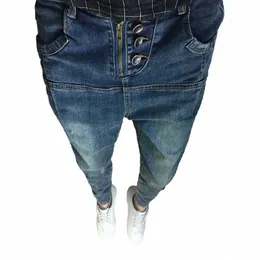 جديد FI Hiphop Harem Jeans Men Casual Slim Fit Fit Retro Denim Cargo Pants Blue Indapered Breansers Streetwear Silaps Clothing Q72Z#