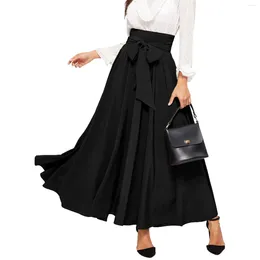 Saias poodle para meninas mulheres elegante cintura alta saia gravata frente plissada maxi outono midi