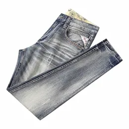 Nyligen designer Fi Men jeans högkvalitativa byxor Retro ons blå elastisk smal fit rippade jeans män vintage denim byxor j8d4#