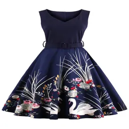 Navy Blue Vintage 50s 60s Vestidos de mangas impressos de mangas de mangas Retro Sashes Pinup elegante para o escritório, vestido de festa, mais tamanho Rob9944683