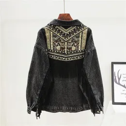 Denim Jacket Korean Floral Embroidery Suede Fringe Loose Chaquetas Mujer Coat Long Sleeve Outerwear Women Veste Femme 240321