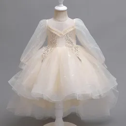 Girls Luxury Elegant Wedding Christening Party Evening Dresses 2023 Formal 10 Years Old Kids Children Long Sleeve Onepiece Gown 240318