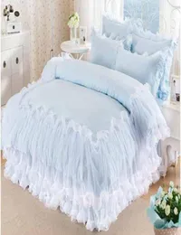 Cor sólida rendas conjunto de cama rei rainha tamanho 4 pçs céu azul poliéster algodão coreano princesa colcha meninas presente duvetquilt cover4207625