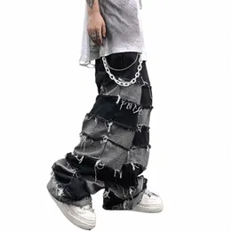 Tassel dżinsy męskie patchwork szerokie nogi leniwy styl Hip Hop Loose Denim Spodnie Mężczyźni workowate Rozbite Rozrywane dżinsy Y2K Grunge X0R5#