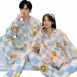 Gençlik Çiftinin Pijamaları Sonbahar Pamuklu Yumuşak Erkekler ve Kadınlar Salon Giyen Lapel Carto Baskılı Pijamas Para Parajas V0JY#