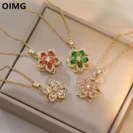Pendant Necklaces OIMG 316L Stainless Steel Gold Plated Romantic Rotatable Flower Zirconia Pendant Necklace For Women Girls Charm Luxury JewelryC24326