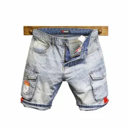 Pantales Cortos de Mezclilla de 5 Puntos Para Hombre, Ropa de Trabajo Marca Moda, Pantales Cortos Mezclilla Ajustados C Bolsillo, Panta i5QJ#