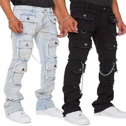 pantaloni dritti jeans multitasche da uomo street fi europei e americani popolari abiti da lavoro elasticizzati pantaloni dritti A9DA #
