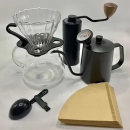8-PCS Set: Sharing (12.17oz), Steel Grinder, Pour-over Kettle (11.83oz), Cup, Thermometer, V02 Filter Papers (40 Sheets), Scoop, Brush - Modern, Stylish, Coffee