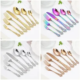 4pcs Gold Cutlery Set European Style Stainless Steel Spoon Fork Royal Steak Knife Retro Hollow Design Dinnerware Set Home Decor